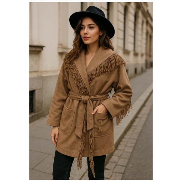 Divine Heritage Camel Wool Fringe Shawl Coat Western Boho Jacket L NWT Cowgirl - Picture 3 of 12